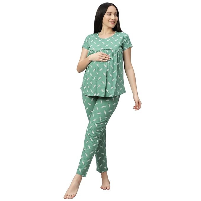DZZO Womens Cotton Printed Maternity Night Suit | Comfortable Feeding Night Dress | Soft Breathable Nursing Pajama Set