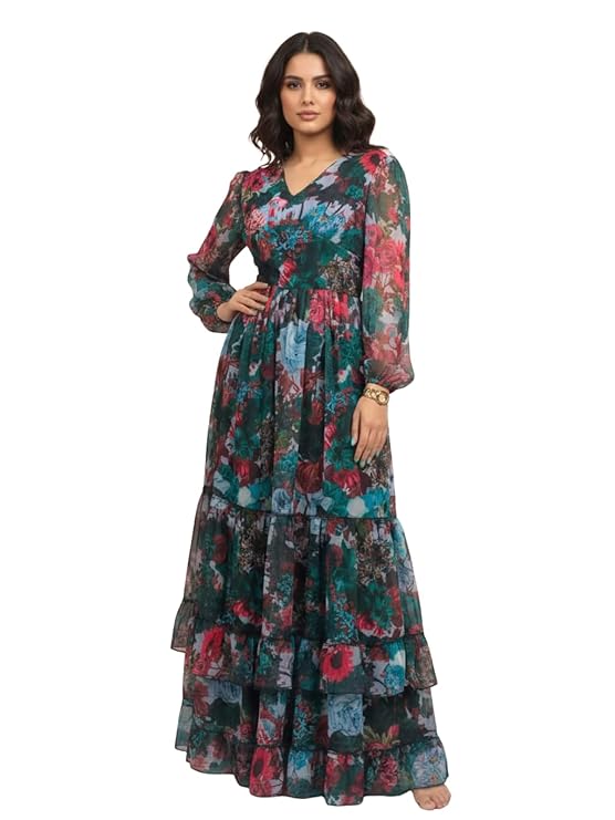 GRECIILOOKS Women’s Georgette Floral Maxi Dress with V-Neck Long Sleeves | Lightweight Tiered Flowy Gown for Party, Festive, Wedding Guest
