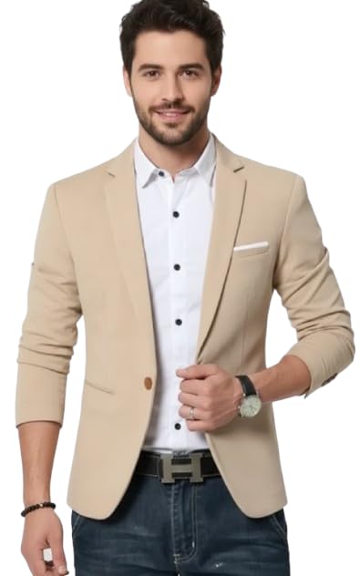 Darbar In Mens Beige Blazer, Single Button, Slim Fit, Formal Casual Jacket