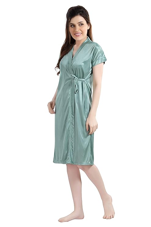 AV2 Women Satin Short Nighty with Lace Robe