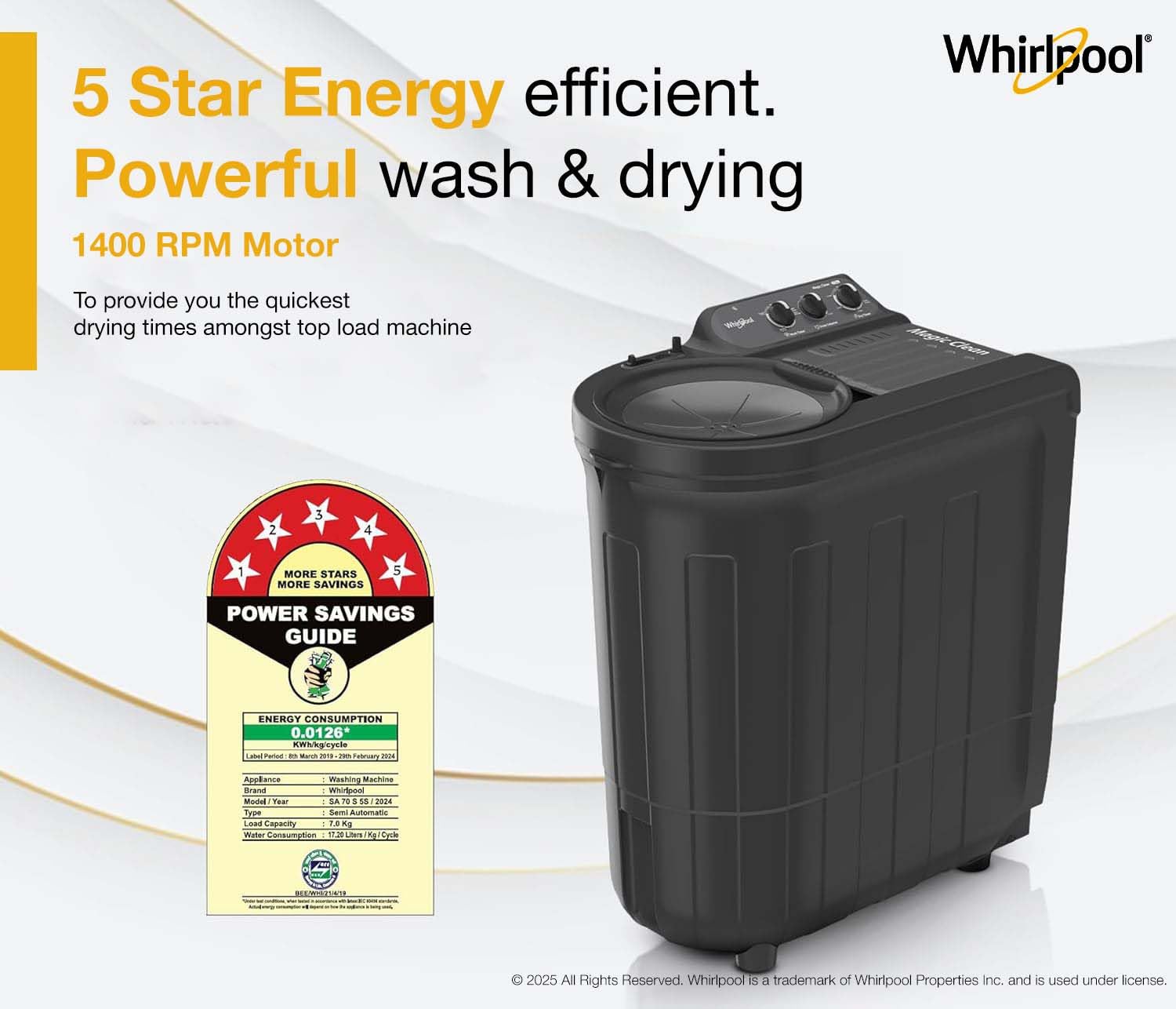 Whirlpool 7.0 Kg 5 Star MAGIC CLEAN Semi-Automatic Top Loading Washing Machine (MAGIC CLEAN RYL SRS 7.0 GREY DAZZLE