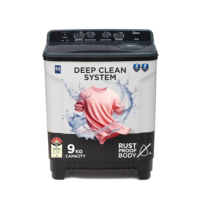 Midea 9 Kg 5 Star Semi Automatic Top-Load Washing Machine Black White