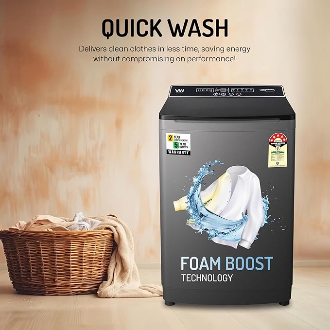 VW V8 TurboWash 8 Kg 5 Star Fully-Automatic Top Loading Washing Machine (Grey)