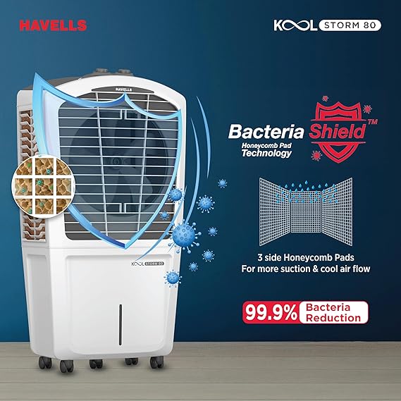 Havells KoolStorm 80 L Desert Air Cooler for Home/Office|Powerful Air-Delivery|Dual Flow Technology| Bacteria Shield Honeycomb Pads|XXL Ice Chamber| Ice Chill Drip Technology| Front Wheels with brakes