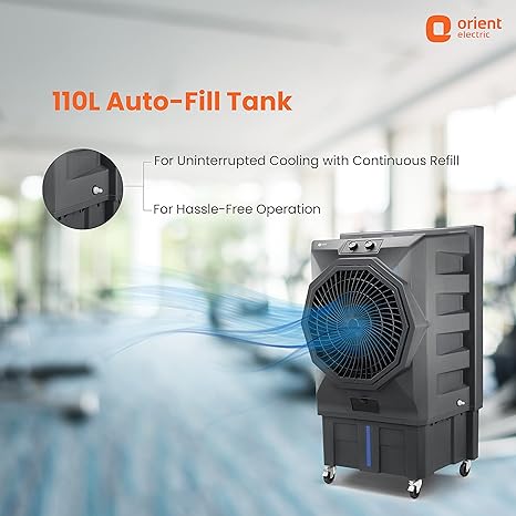 Orient Electric Stark 110 L Heavy Duty Commercial Air Cooler With 20 Fan | Aerofan Technology |High-Density Honeycomb Cooling Pads | Extra Powerful Air Throw Auto Water Refill Technology| Grey...