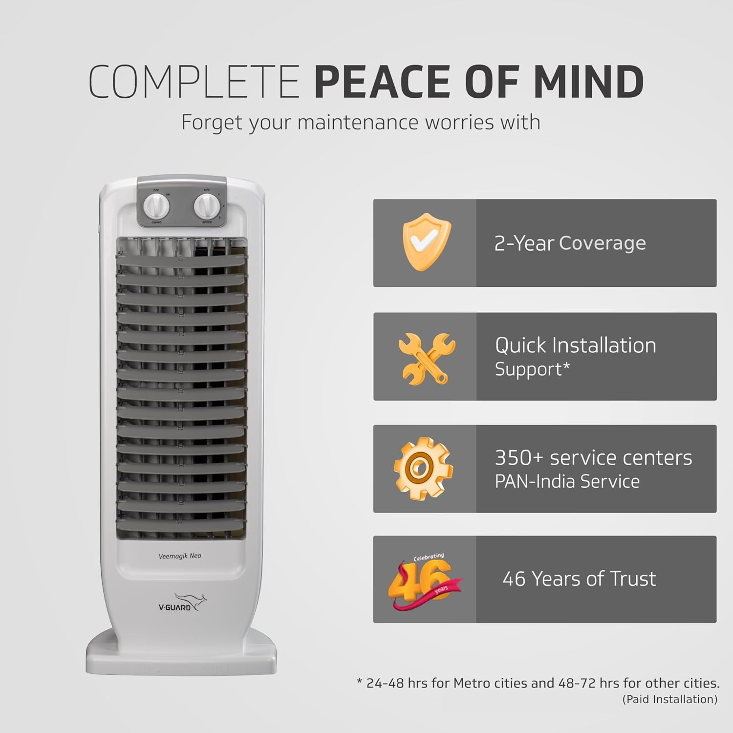 V-Guard Veemagik Neo 17 (43.5cm) Tower Fan | 1300 RPM | 2401 CFM Air Flow | (Grey White)