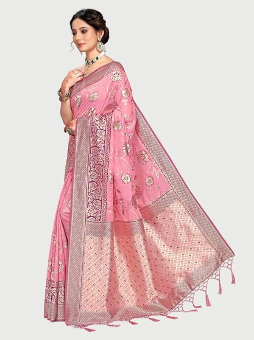 Rekha Maniyar Women’s Banarasi Silk Saree with Unstitched Blouse | Woven Zari Floral Foil Print Design | 5.5 m Saree with 0.8 m Blouse | Festive Casual