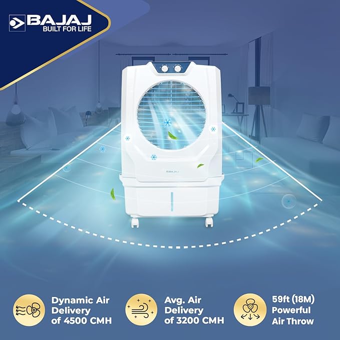 Bajaj Shield Series Arteon 55L Desert Air Cooler | Dual Side Water Inlet | Inverter Compatible | 60Ft Air Throw | Ice Chamber