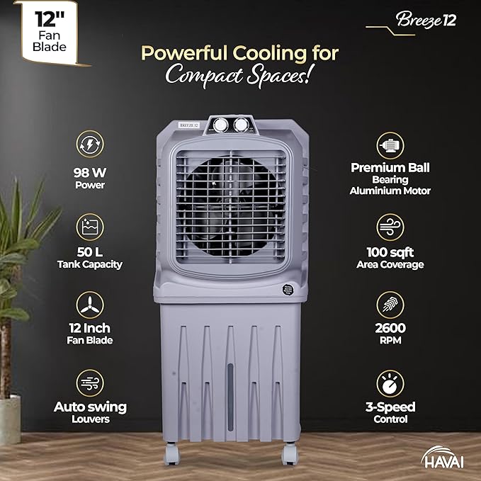 HAVAI Breeze-12 Personal Air Cooler | 50L Tank | 12″ Blade | Ideal for 100 sq ft Rooms | 98W Power | 8 ft Air Throw | 2600 RPM | Auto-Louver | 3-Speed