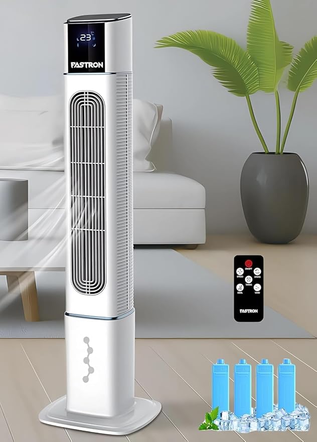 2 in 1 Tower Air Cooler Fan 80W for Home with Digital Display Remote With 3 Speed Modes, Compact Cooler with 4L Tank 4 Ice Packs for Cooling Room, Bedroom, Office, 12 Hour Timer