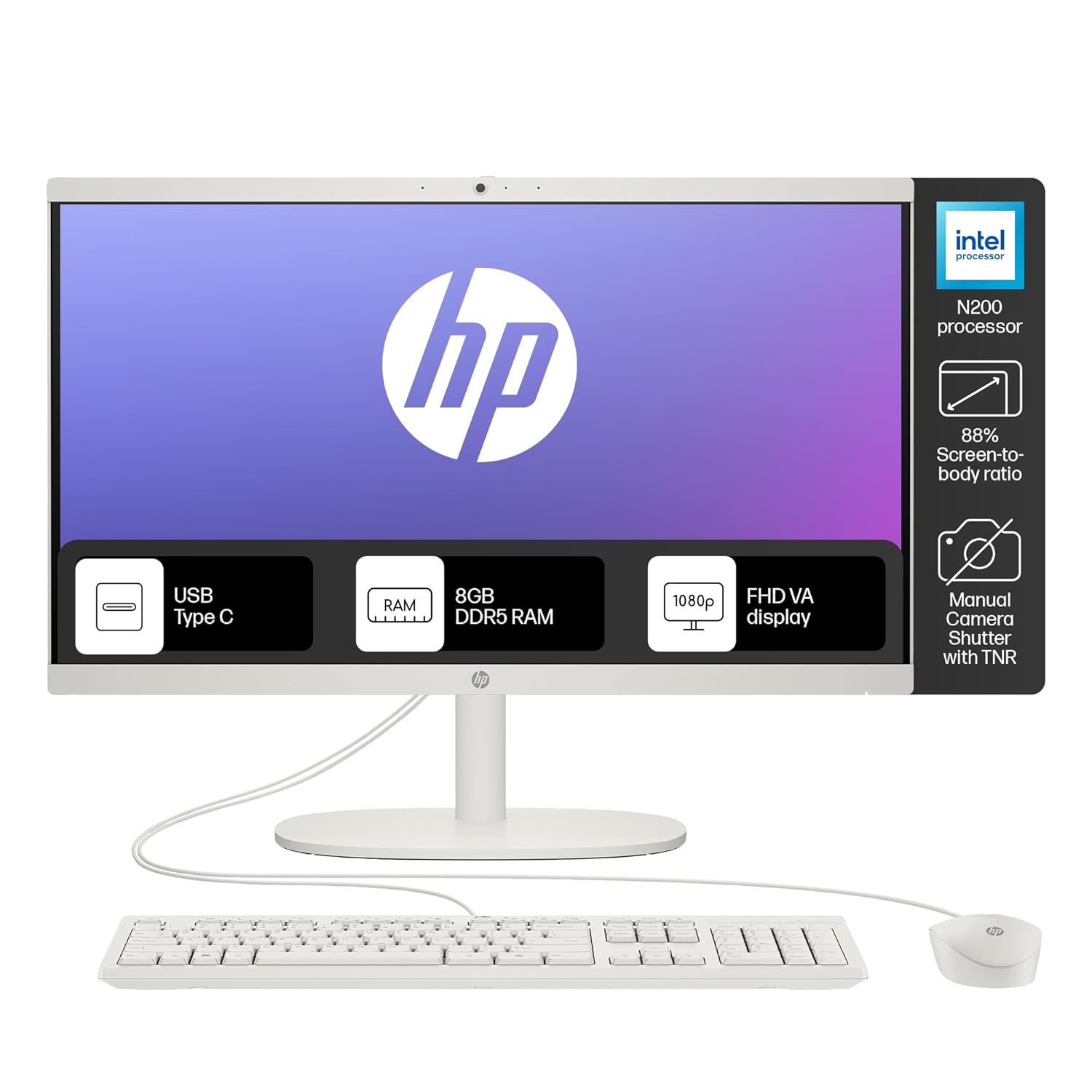 HP All-in-One, Intel N200,21.45&amp;#039;&amp;#039; (54.5 cm), FHD, 8GB DDR5, 512GB SSD, Intel UHD Graphics, 720P HD Camera W/Privacy Shutter, Dual Speakers (Win11, White, 4.17 Kg) Dg0154in