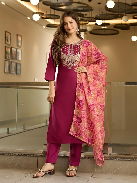 Naixa Women&#039;s Rayon Embroidered Straight Kurta with Pant and Dupatta Sets (NX3-717)