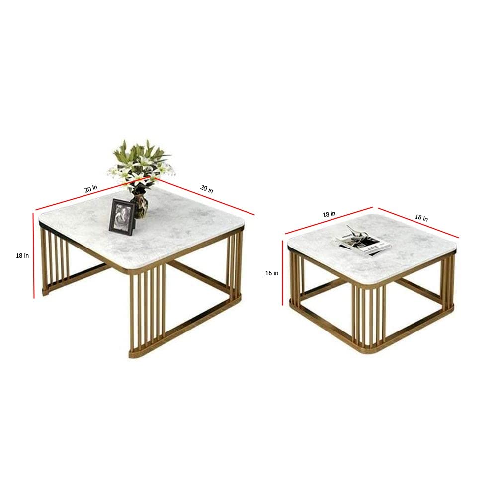 RIZIK STORE™ Iron Frame Handmade Square 20"x20" Coffee Table/Nesting Table/Side Table/Center Table with Marble MDF White Top for Living Room/Drawing Room/Balcony Gold (White) (Set of 2)