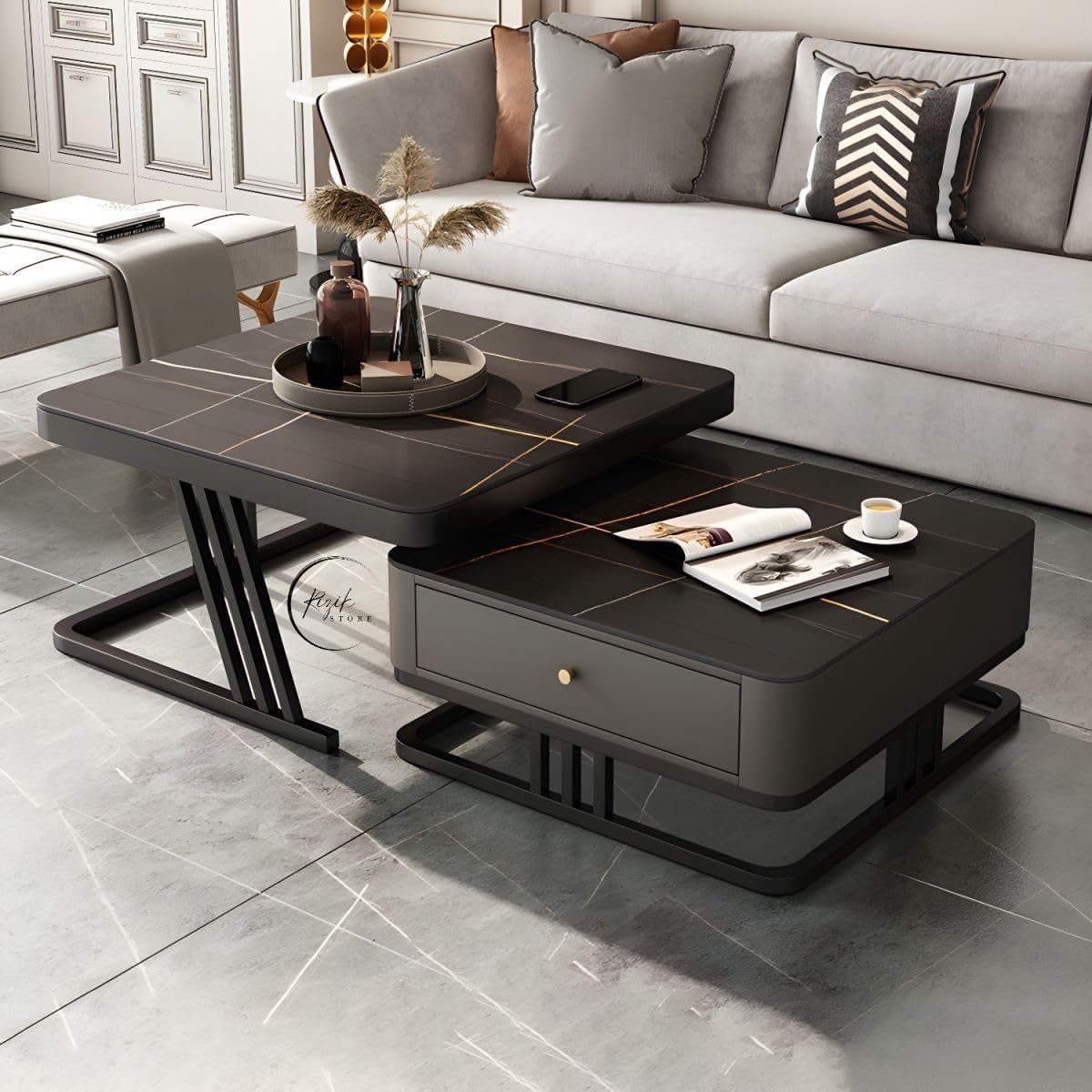 RIZIK STORE™ Iron Frame Handmade Drawer Square 20"x20" Coffee Table/Nesting Table/Side Table/Center Table with Engineered Wood Top for Living Room/Drawing Room/Balcony (Design 3)