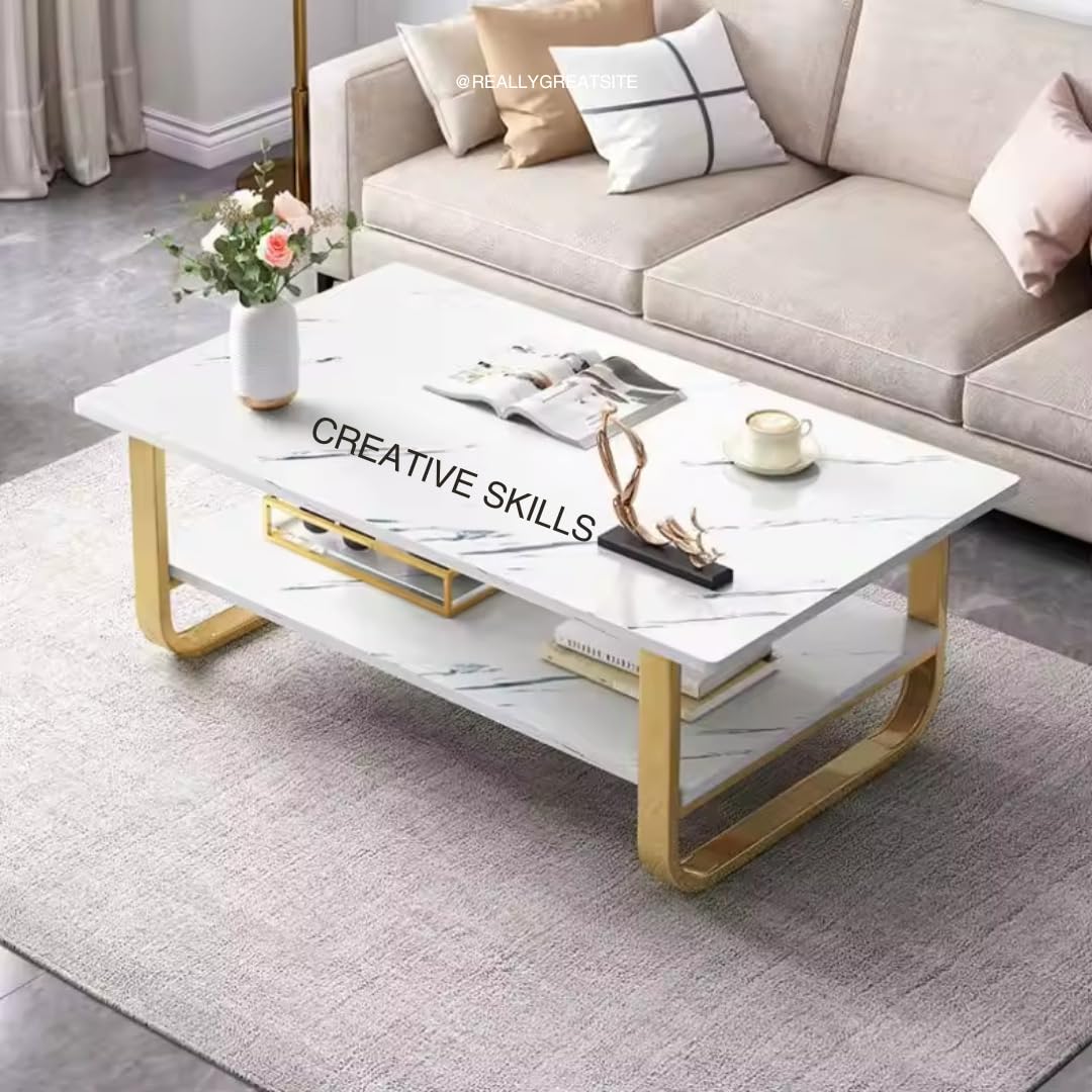 CREATIVE SKILLS Coffee Table 2 Tier,with Storage Open Shelf Metal Base Engineered Wood Center Table for Living Room, Industrial Farmhouse Solid Wooden Tea Table, Metal Rectangle Cocktail Table (White